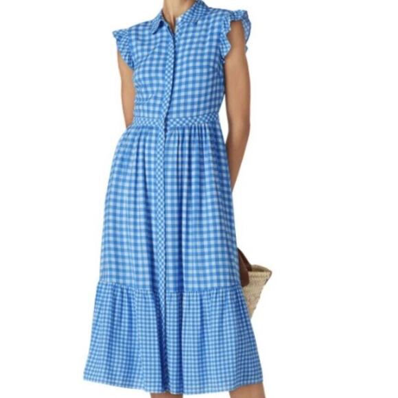 DRAPER JAMES Patio Shirtdress Size 10 Blue White Gingham Flutter Sleeve NWT - Picture 1 of 15